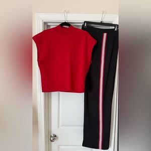 Express Red Knit Top & H&M Deep Blue Pant with Striped Accent